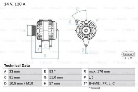 Генератор (14V, 130A) HYUNDAI ELANTRA, I20, I30, IX20, IX35, KIA CARENS IV, CEED, PRO CEE´D, RIO III, SOUL, SOUL II, SPORTAGE, VENGA 1.1D-1.7D 08.08- BOSCH 0986082820 (фото 1)