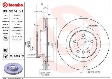 Гальмівний диск BREMBO 09.9374.21 (фото 1)