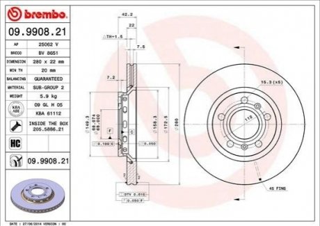 Гальмівний диск BREMBO 09.9908.21 (фото 1)