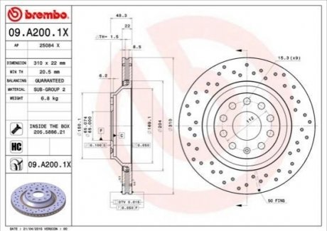 Гальмівний диск BREMBO 09.A200.1X (фото 1)