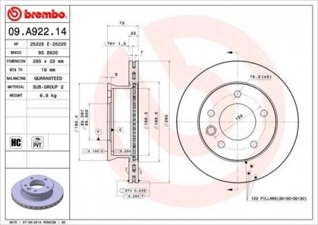 Гальмівний диск BREMBO 09A92214 (фото 1)