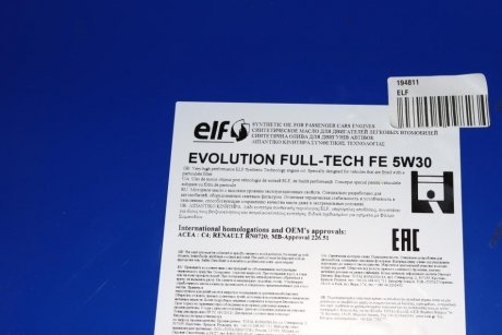 Масло 5W30 Evolution Full-Tech FE (208L) (C4/RN0720/MB226.51) ELF 194811 (фото 1)