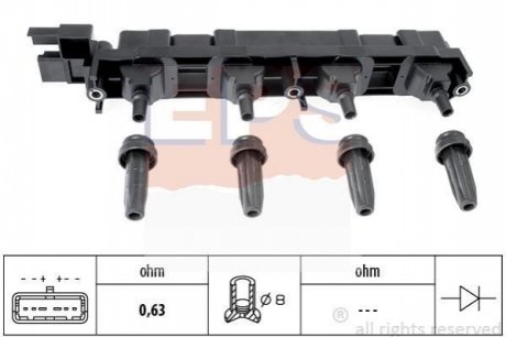 PEUGEOT катушка запалювання 307 2,0 16V 03-,406 2,2 00-,407 1,8/2,2 04-,606 2,2 00- EPS 1.970.509 (фото 1)