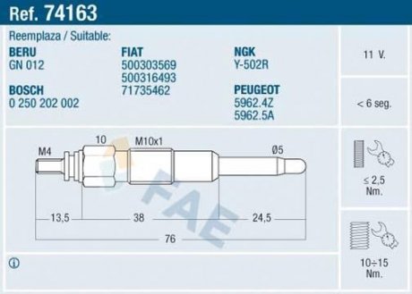 Свіча розжарювання FAE 74163 (фото 1)