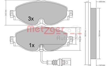 Колодки тормозные (передние) Audi A3/Q2/Q3/Seat/Skoda Octavia/Kodiaq/VW Golf/Passat B8 12- (+датчик) METZGER 1170411 (фото 1)