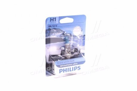 Лампа розжарювання H1 WhiteVision ultra 12V 55W P14,5s (+60) (3700K) blister (вир-во) PHILIPS 12258WVUB1 (фото 1)