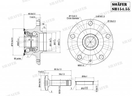 Ступиця зад. ABS+ Audi A3 Skoda Octavia III VW Golf Plus, Golf Sportsvan, Golf V, Golf VI, Golf VII, Jetta IV 1.0-Electric 05.03- SHAFER SH15455K (фото 1)