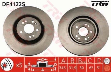 Диск тормозной MERCEDES ML(163) "F D=345mm "00-05 TRW DF4222S (фото 1)