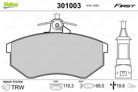 Колодки гальмівні AUDI P. A4 95-01 Z CZUJNIKIEM Valeo 301003 (фото 1)