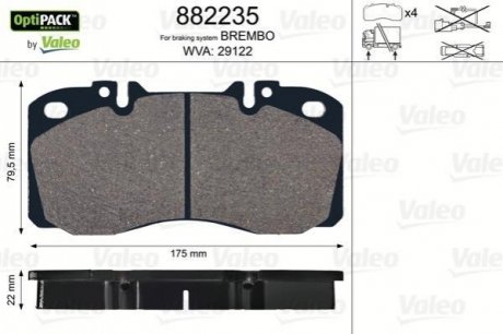 Колодки гальмівні, WVA29122; 175x79, 5x22, без датчика зносу Valeo 882235 (фото 1)