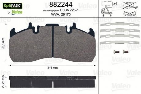 Колодки гальмівні, з монтажним комплектом WVA 293173 Valeo 882244 (фото 1)