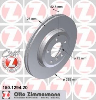 Диск тормозной (передний) BMW 3 (E46) 99-06 (325x25) (с покрытием) (вент.) ZIMMERMANN 150.1294.20 (фото 1)